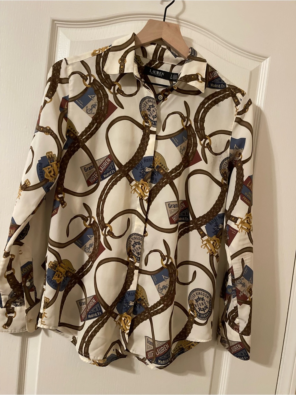 Ralph Lauren Cream Blouse with Brown Chain & Gold Crest Motif